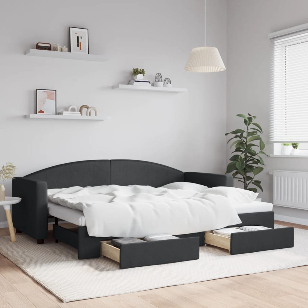 Slaapbank met onderschuifbed en lades 80x200 cm stof zwart is nu te koop bij PeponiXL, paradijselijk wonen!
