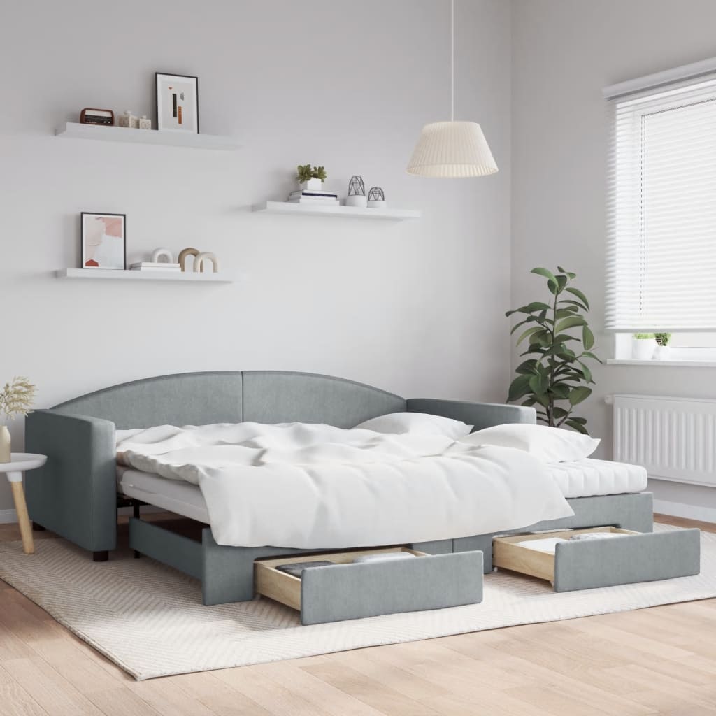 Slaapbank onderschuifbed en lades 100x200 cm stof lichtgrijs is nu te koop bij PeponiXL, paradijselijk wonen!