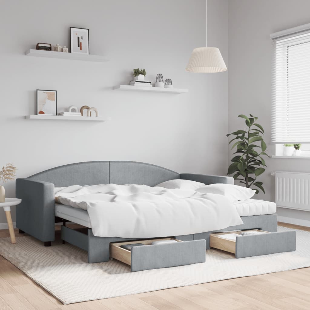 Slaapbank met onderschuifbed en lades 90x190 cm stof lichtgrijs is nu te koop bij PeponiXL, paradijselijk wonen!