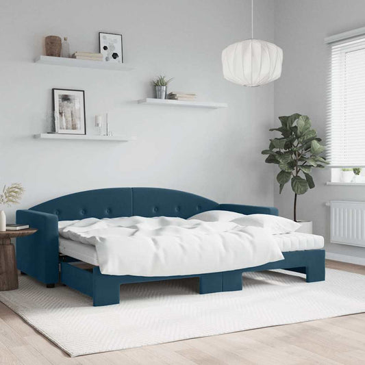 Slaapbank onderschuifbed en matrassen 80x200 cm fluweel blauw is nu te koop bij PeponiXL, paradijselijk wonen!