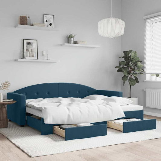 Slaapbank met onderschuifbed en lades 80x200 cm fluweel blauw is nu te koop bij PeponiXL, paradijselijk wonen!