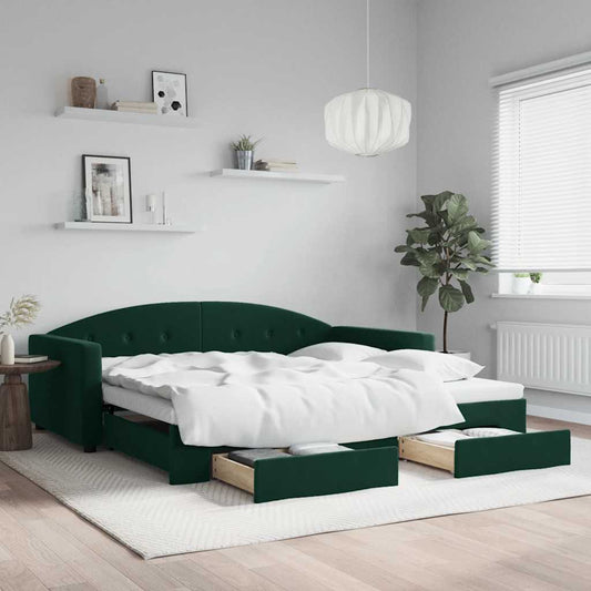 Slaapbank onderschuifbed lades 100x200 cm fluweel donkergroen is nu te koop bij PeponiXL, paradijselijk wonen!