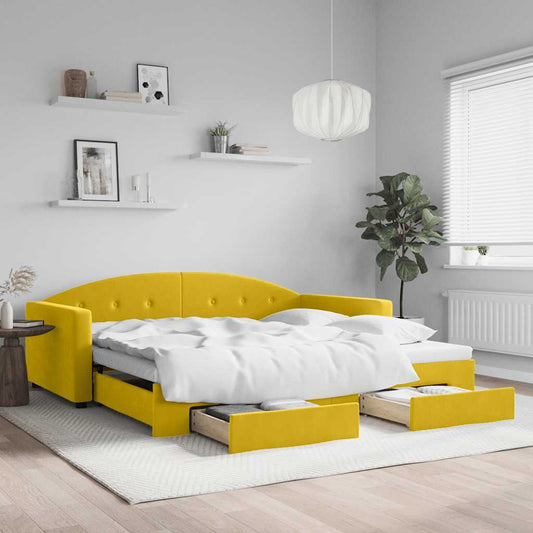 Slaapbank met onderschuifbed en lades 100x200 cm fluweel geel is nu te koop bij PeponiXL, paradijselijk wonen!