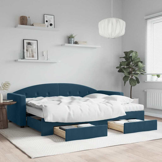 Slaapbank met onderschuifbed en lades 80x200 cm fluweel blauw is nu te koop bij PeponiXL, paradijselijk wonen!