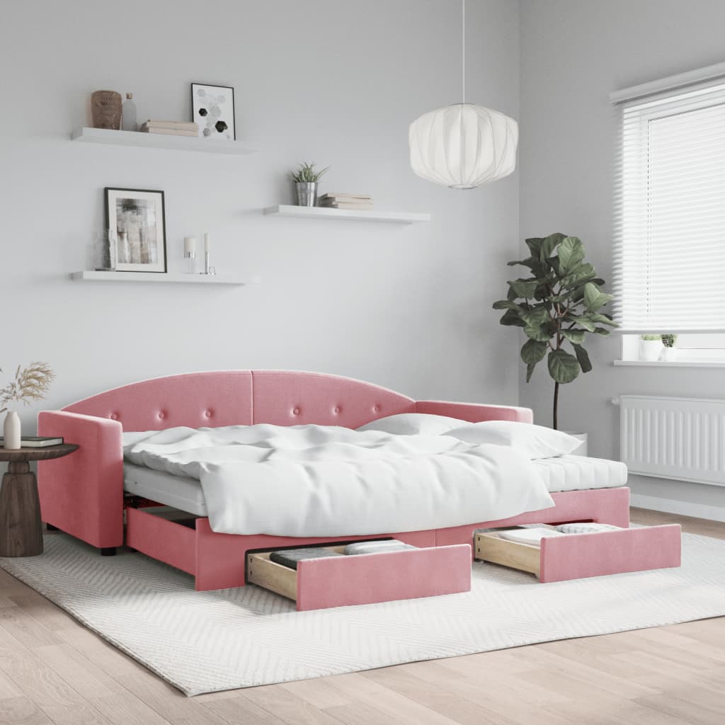 Slaapbank met onderschuifbed en lades 90x200 cm fluweel roze is nu te koop bij PeponiXL, paradijselijk wonen!