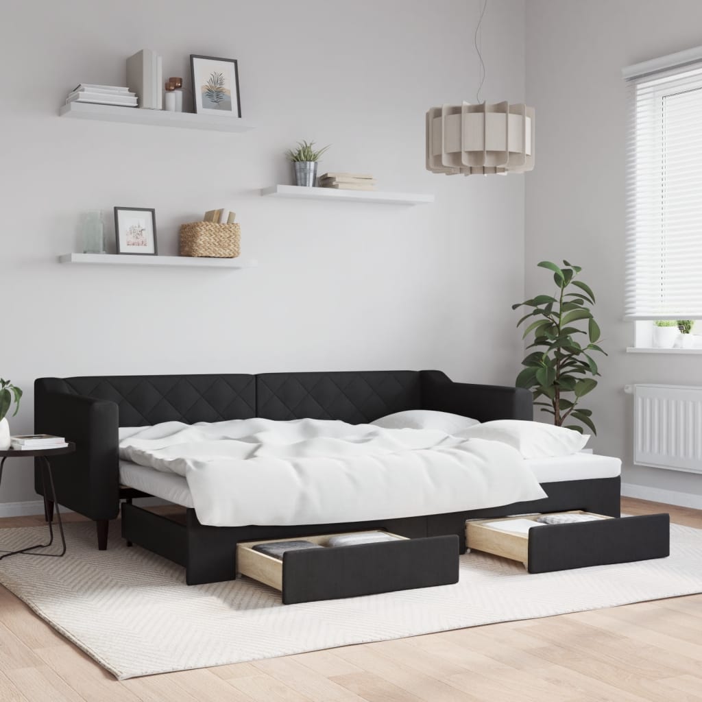Slaapbank met onderschuifbed en lades 80x200 cm stof zwart is nu te koop bij PeponiXL, paradijselijk wonen!