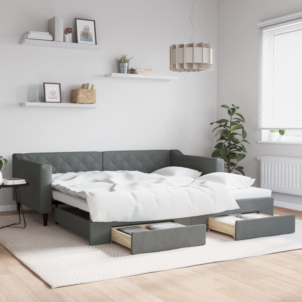 Slaapbank onderschuifbed en lades 100x200 cm stof donkergrijs is nu te koop bij PeponiXL, paradijselijk wonen!