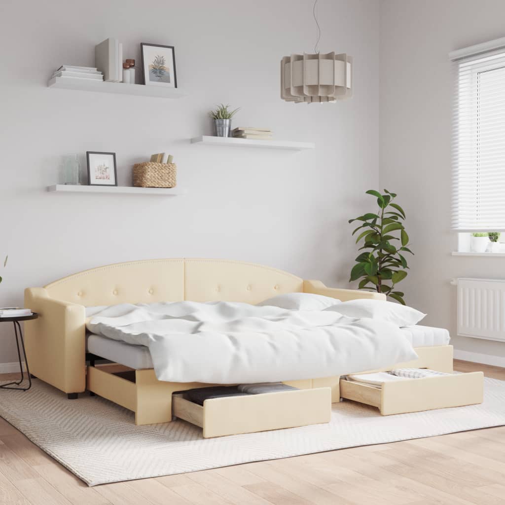 Slaapbank met onderschuifbed en lades 80x200 cm stof crèmekleur is nu te koop bij PeponiXL, paradijselijk wonen!