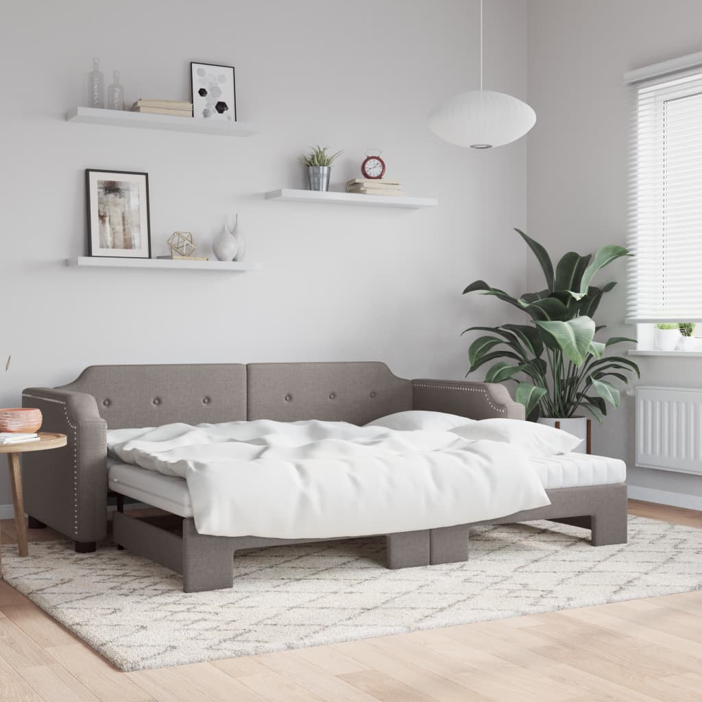 Slaapbank met onderschuifbed en matrassen 80x200 cm stof taupe is nu te koop bij PeponiXL, paradijselijk wonen!