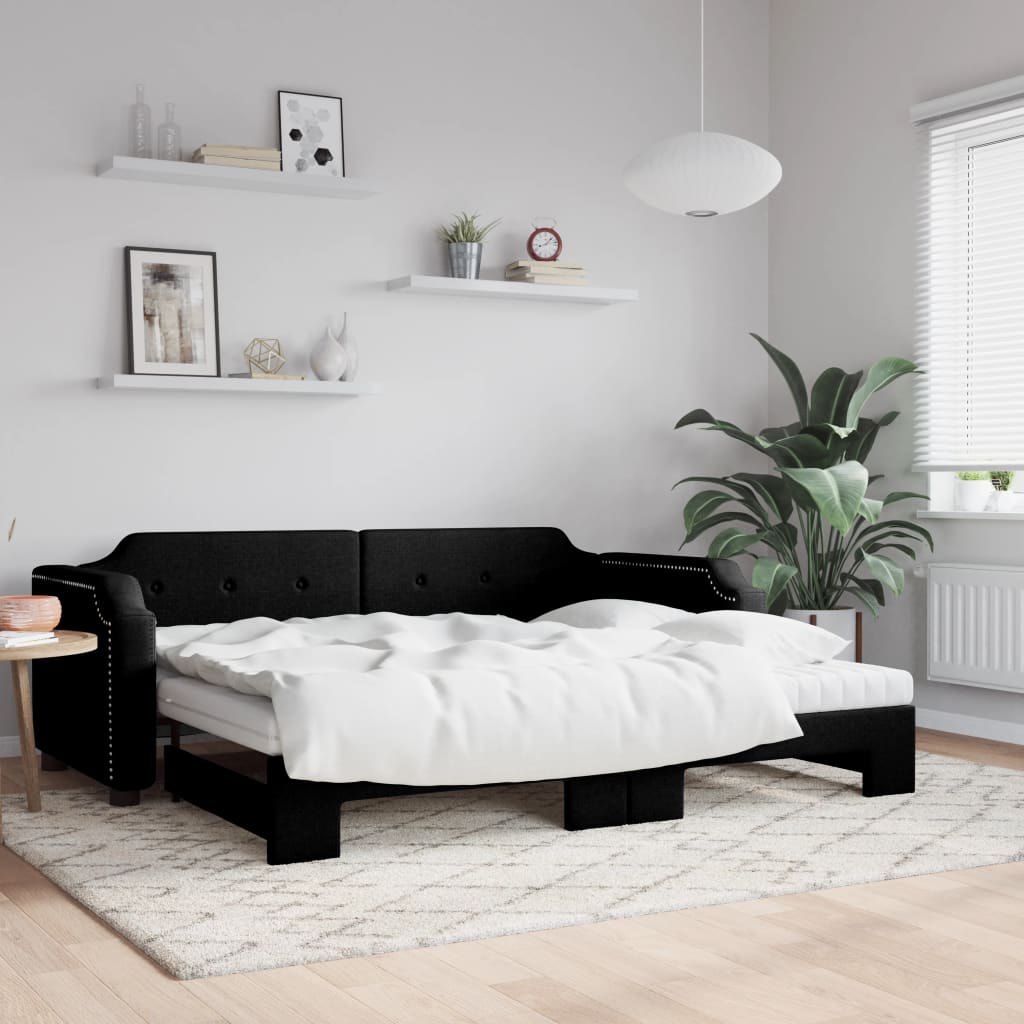 Slaapbank met onderschuifbed en matrassen 90x200 cm stof zwart is nu te koop bij PeponiXL, paradijselijk wonen!