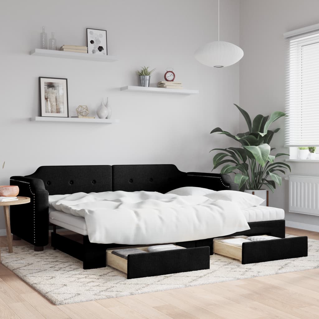 Slaapbank met onderschuifbed en lades 80x200 cm stof zwart is nu te koop bij PeponiXL, paradijselijk wonen!
