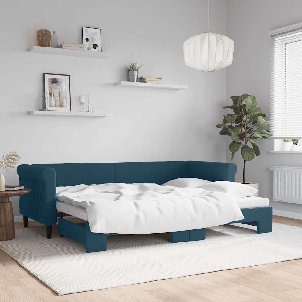Slaapbank met onderschuifbed 80x200 cm fluweel blauw is nu te koop bij PeponiXL, paradijselijk wonen!