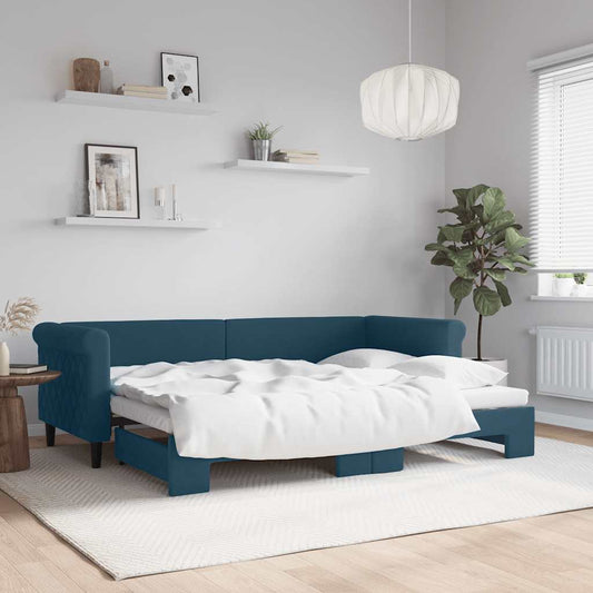 Slaapbank met onderschuifbed 80x200 cm fluweel blauw is nu te koop bij PeponiXL, paradijselijk wonen!