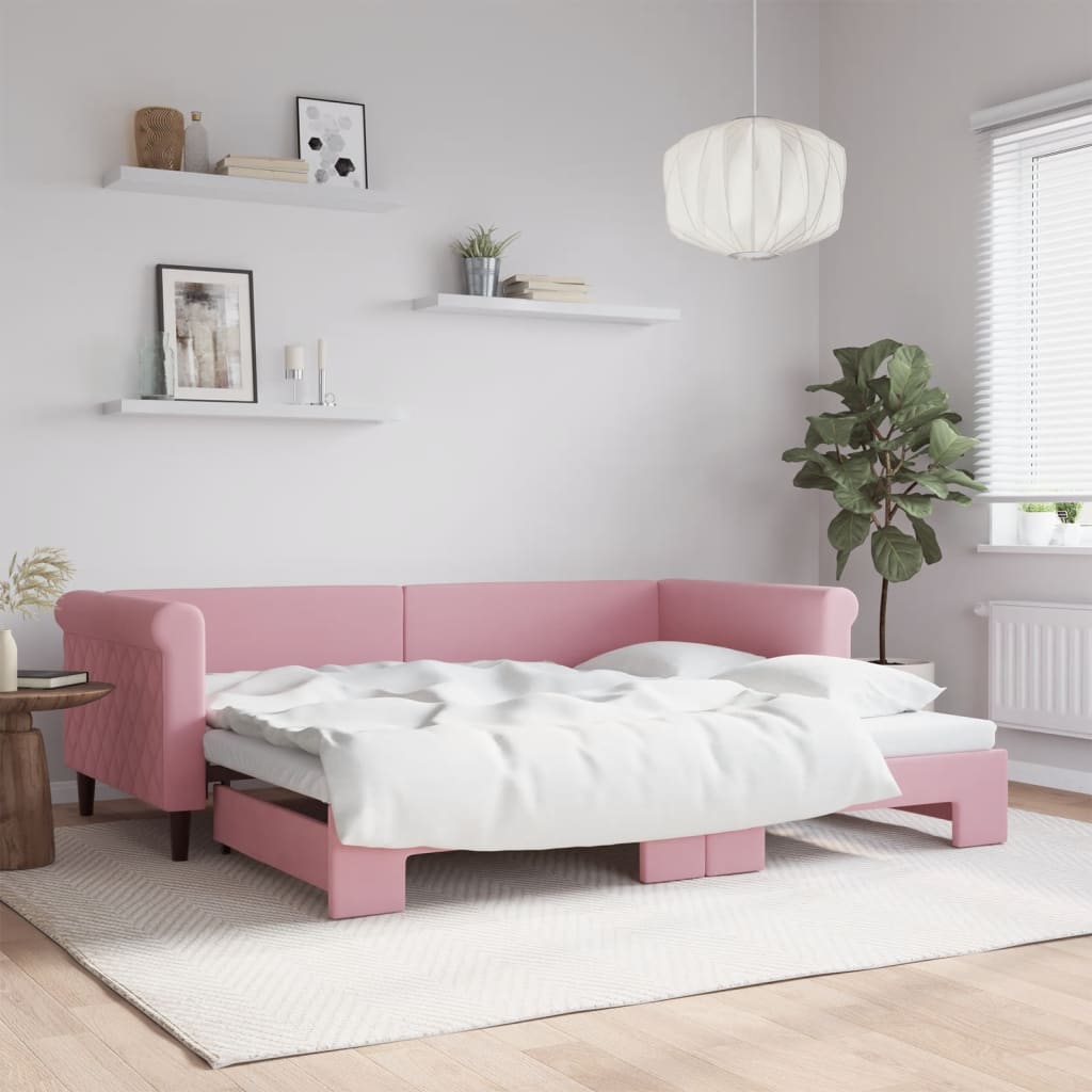 Slaapbank met onderschuifbed 90x200 cm fluweel roze is nu te koop bij PeponiXL, paradijselijk wonen!