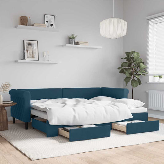 Slaapbank met onderschuifbed en lades 80x200 cm fluweel blauw is nu te koop bij PeponiXL, paradijselijk wonen!
