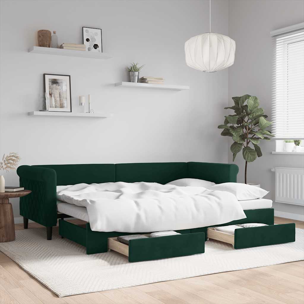 Slaapbank onderschuifbed en lades 80x200 cm fluweel donkergroen is nu te koop bij PeponiXL, paradijselijk wonen!