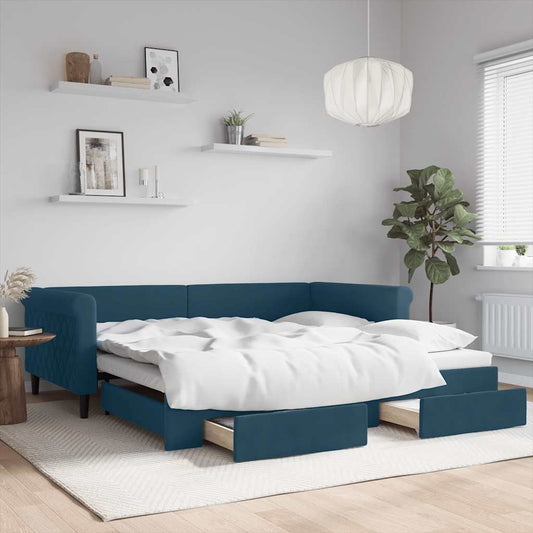Slaapbank met onderschuifbed en lades 100x200 cm fluweel blauw is nu te koop bij PeponiXL, paradijselijk wonen!