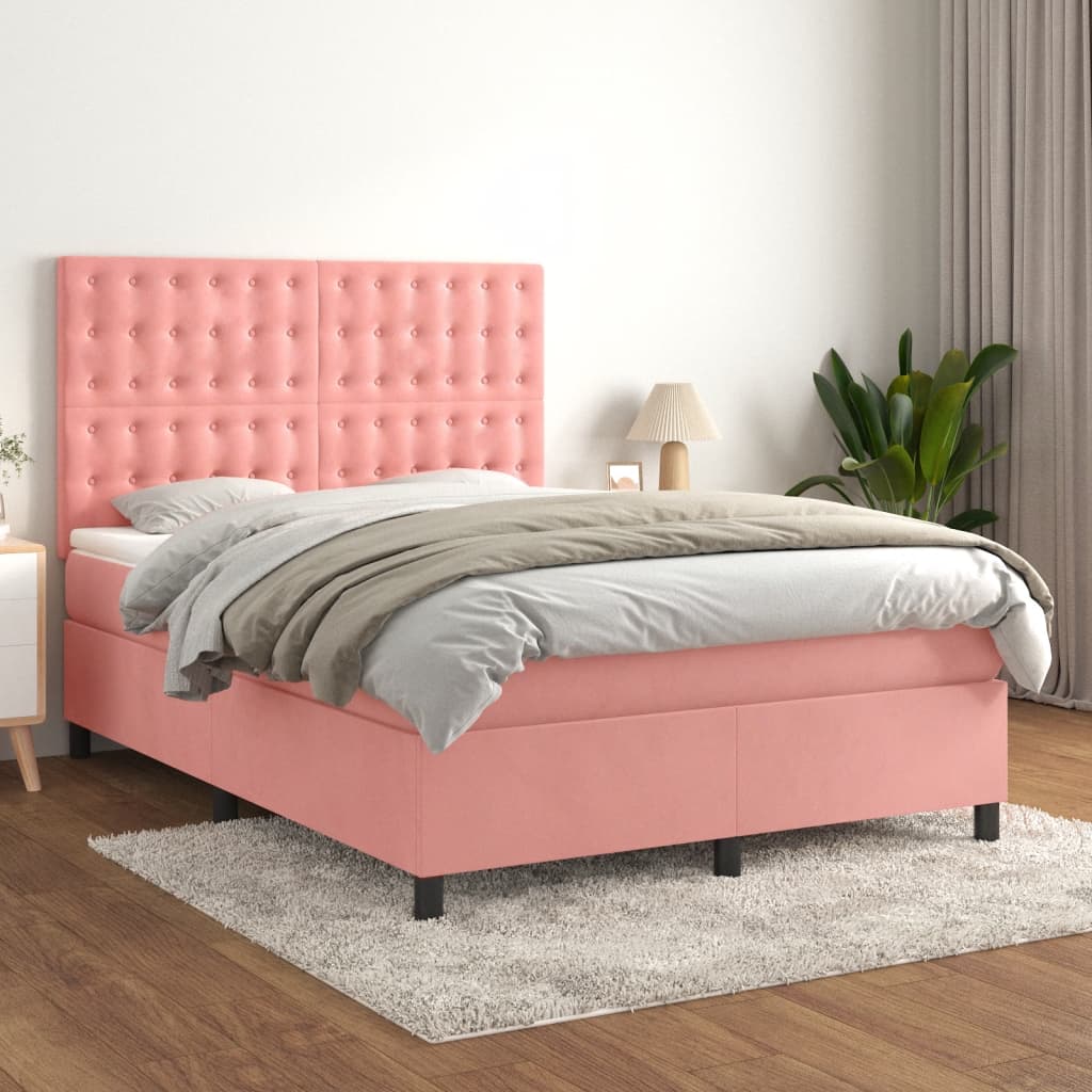 Boxspring met matras fluweel roze 140x200 cm is nu te koop bij PeponiXL, paradijselijk wonen!