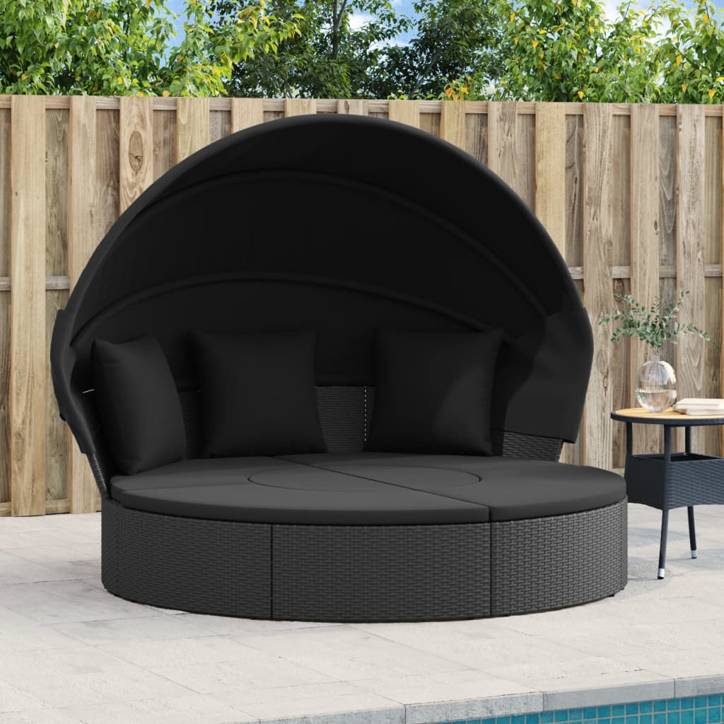 Loungebed met luifel en kussens poly rattan zwart is nu te koop bij PeponiXL, paradijselijk wonen!