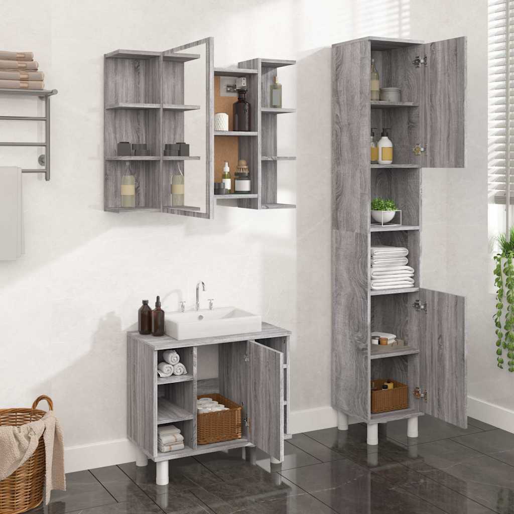 3-delige Badkamermeubelset bewerkt hout grijs sonoma eikenkleur is nu te koop bij PeponiXL, paradijselijk wonen!