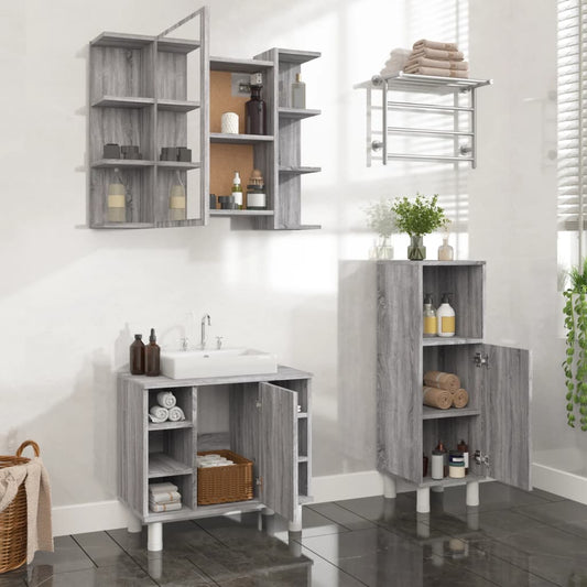 3-delige Badkamermeubelset bewerkt hout grijs sonoma eikenkleur is nu te koop bij PeponiXL, paradijselijk wonen!