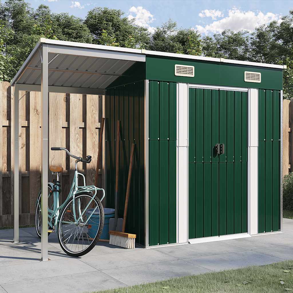 Tuinschuur met verlengd dak 277x107x181 cm staal groen is nu te koop bij PeponiXL, paradijselijk wonen!