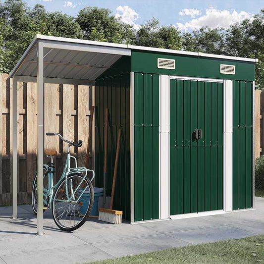 Tuinschuur met verlengd dak 277x107x181 cm staal groen is nu te koop bij PeponiXL, paradijselijk wonen!