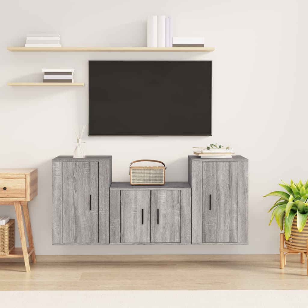 3-delige Tv-meubelset bewerkt hout grijs sonoma eikenkleurig is nu te koop bij PeponiXL, paradijselijk wonen!
