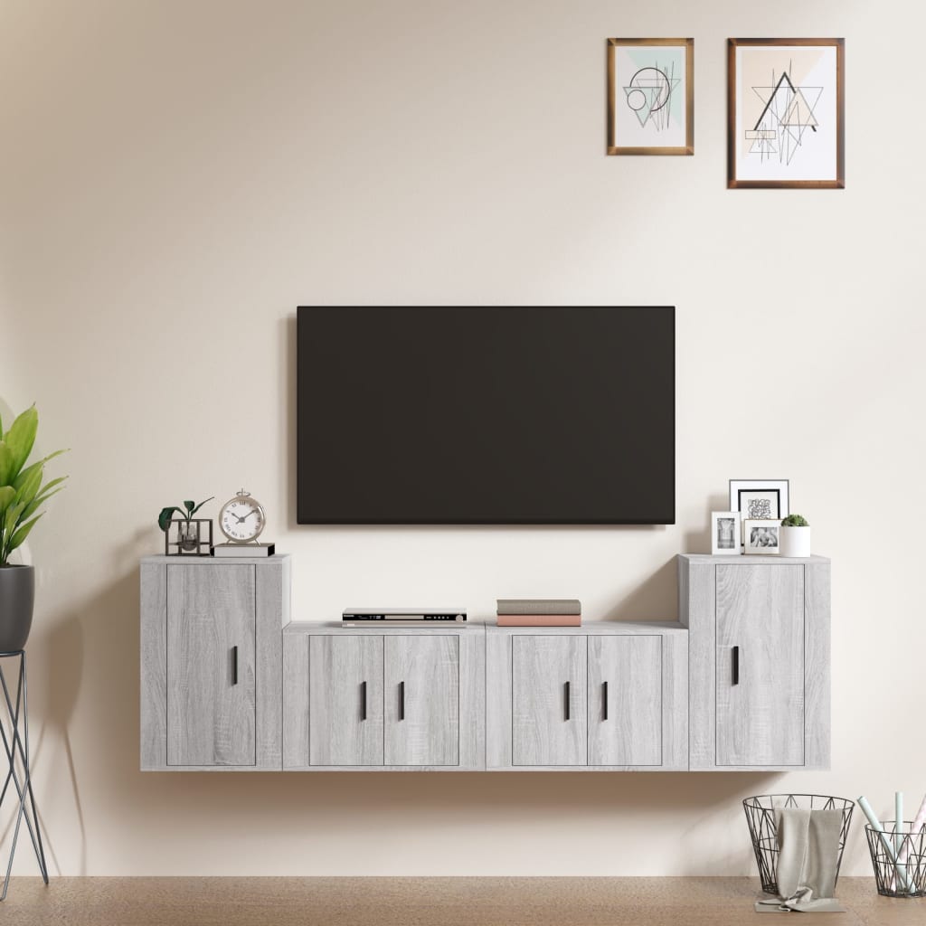 4-delige Tv-meubelset bewerkt hout grijs sonoma eikenkleurig is nu te koop bij PeponiXL, paradijselijk wonen!