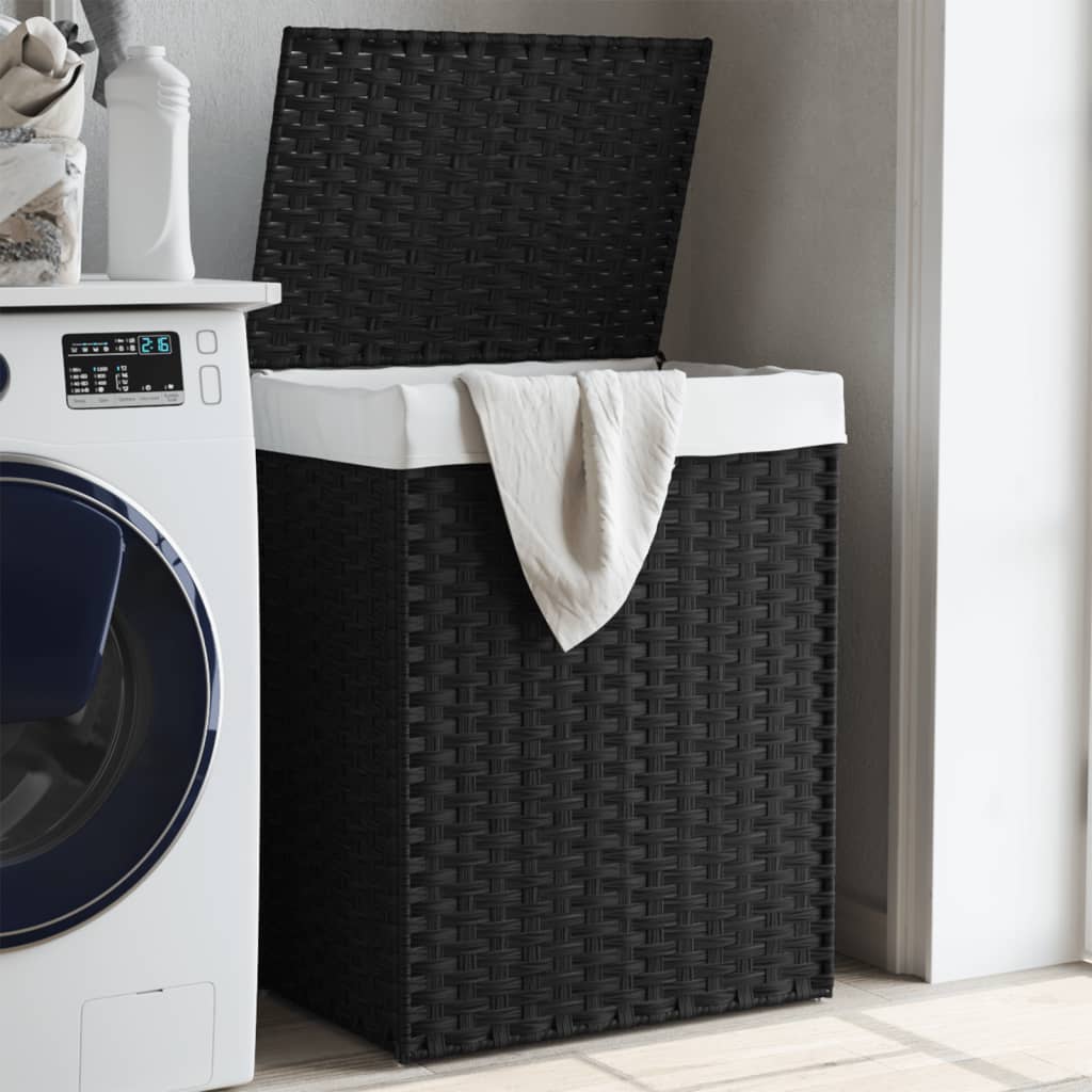 Wasmand met deksel 46x33x60 cm poly rattan zwart is nu te koop bij PeponiXL, paradijselijk wonen!