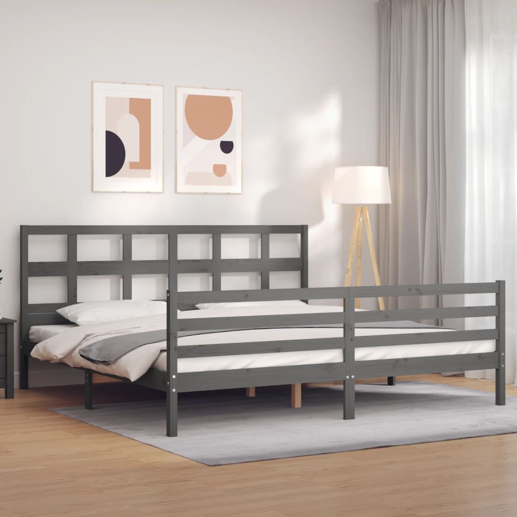 Bedframe met hoofdbord massief hout grijs 200x200 cm is nu te koop bij PeponiXL, paradijselijk wonen!