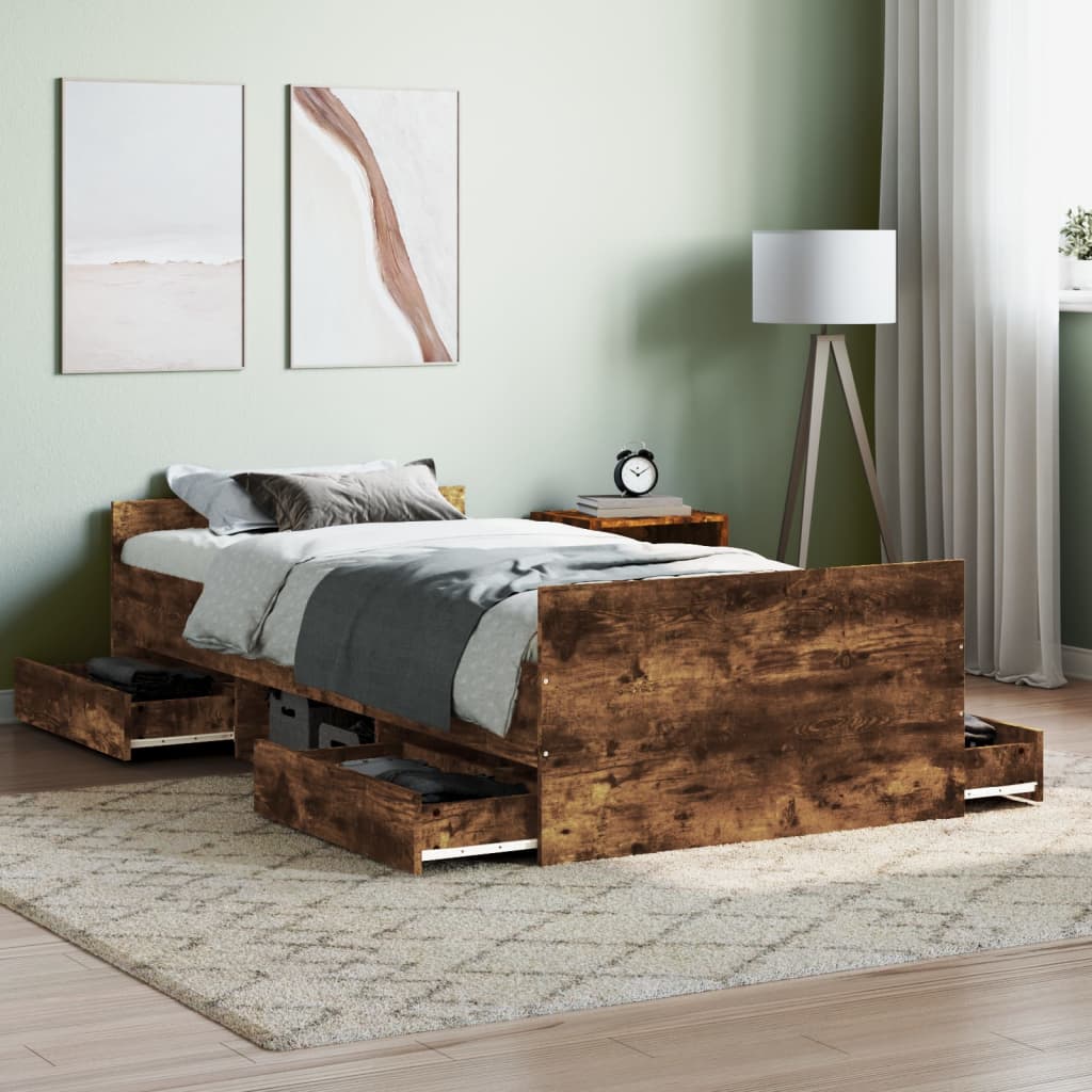 Bedframe met hoofd- en voeteneinde gerookt eiken 90x200 cm is nu te koop bij PeponiXL, paradijselijk wonen!