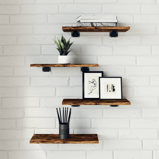 Wandschappen 4 st 40x20x1,5 cm bewerkt hout gerookt eikenkleur is nu te koop bij PeponiXL, paradijselijk wonen!