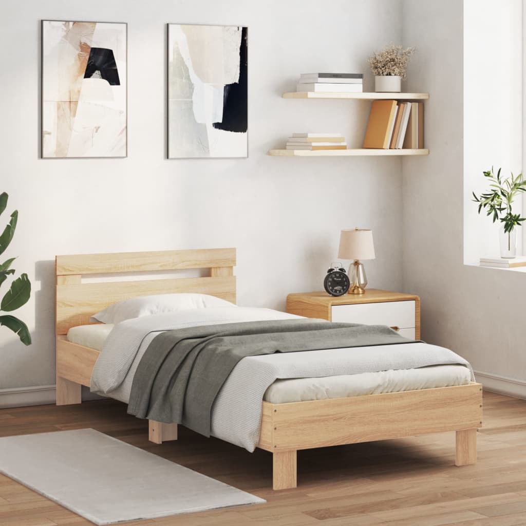 Bedframe met hoofdbord zonder matras sonoma eiken 90x200 cm is nu te koop bij PeponiXL, paradijselijk wonen!