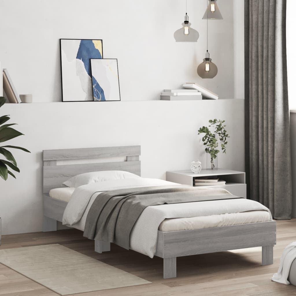 Bedframe met hoofdeinde bewerkt hout grijs sonoma 90x200 cm is nu te koop bij PeponiXL, paradijselijk wonen!