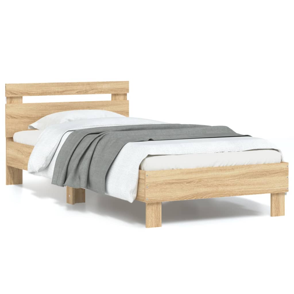 Bedframe met hoofdbord en LED sonoma eikenkleurig 90x200 cm is nu te koop bij PeponiXL, paradijselijk wonen!