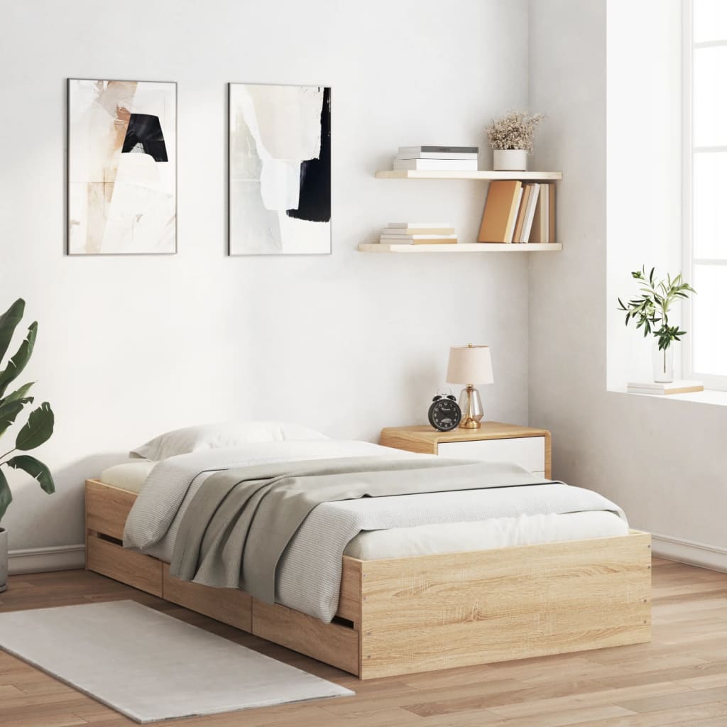 Bedframe met lades bewerkt hout sonoma eikenkleurig 100x200 cm is nu te koop bij PeponiXL, paradijselijk wonen!