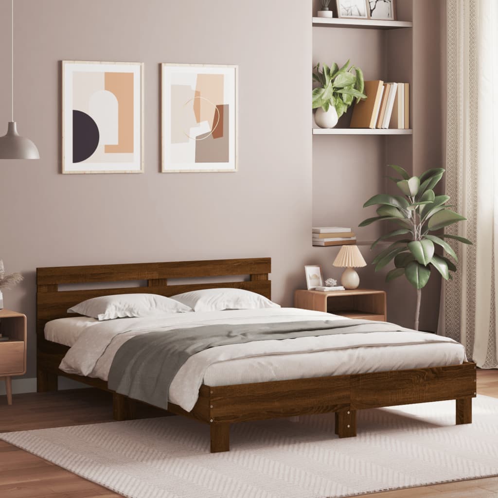 Bedframe met hoofdeinde bruin eikenkleur 150x200 cm is nu te koop bij PeponiXL, paradijselijk wonen!