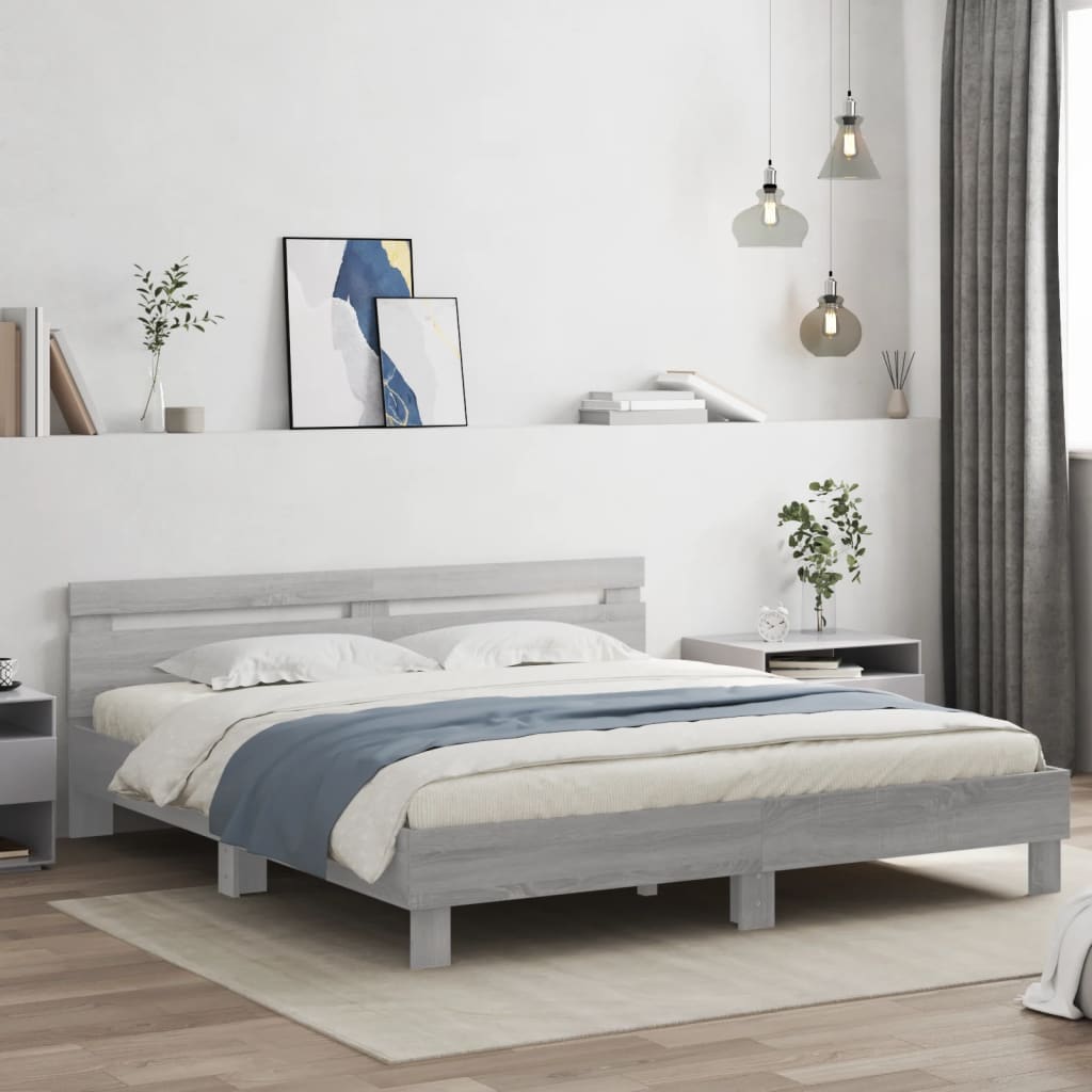 Bedframe met hoofdeinde en LED-licht grijs sonoma 180x200 cm is nu te koop bij PeponiXL, paradijselijk wonen!
