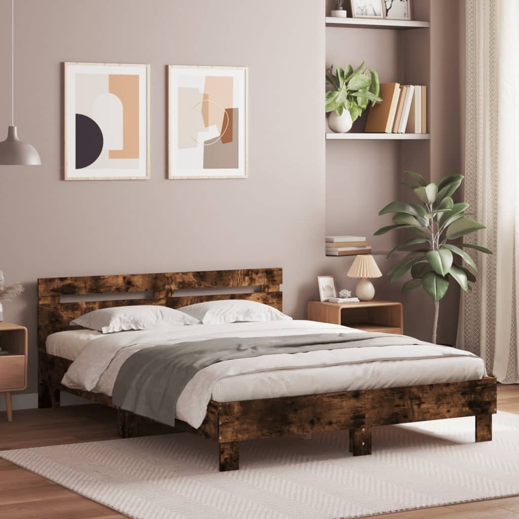 Bedframe met hoofdeinde en LED gerookt eikenkleurig 140x190 cm is nu te koop bij PeponiXL, paradijselijk wonen!