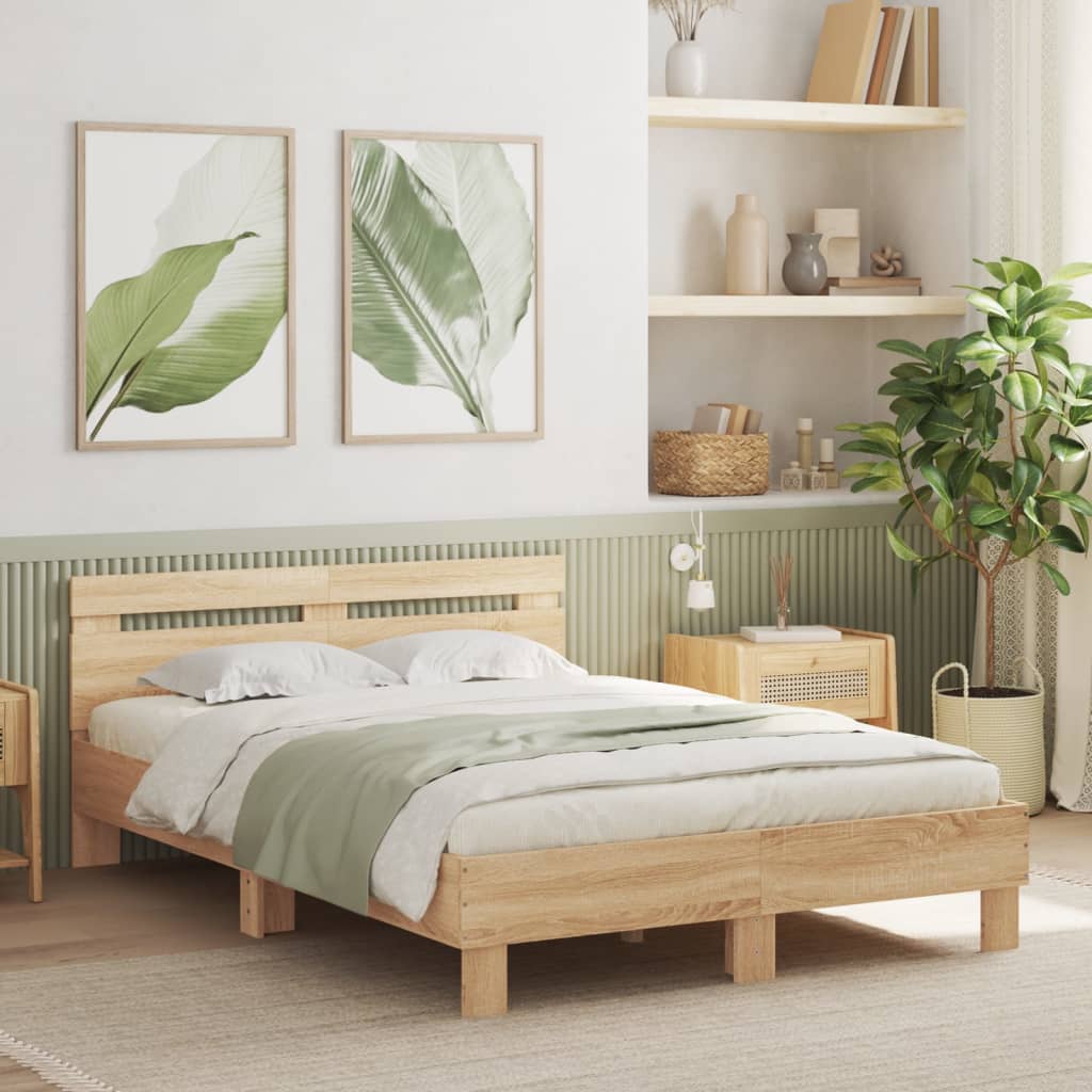 Bedframe met hoofdeinde en LED sonoma eikenkleurig 135x190 cm is nu te koop bij PeponiXL, paradijselijk wonen!