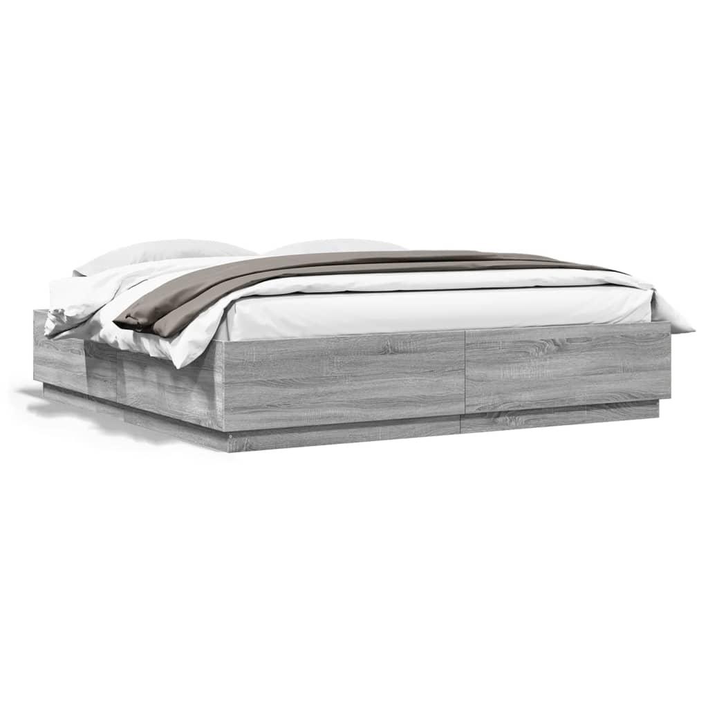 Bedframe bewerkt hout grijs sonoma eikenkleurig 200x200 cm is nu te koop bij PeponiXL, paradijselijk wonen!