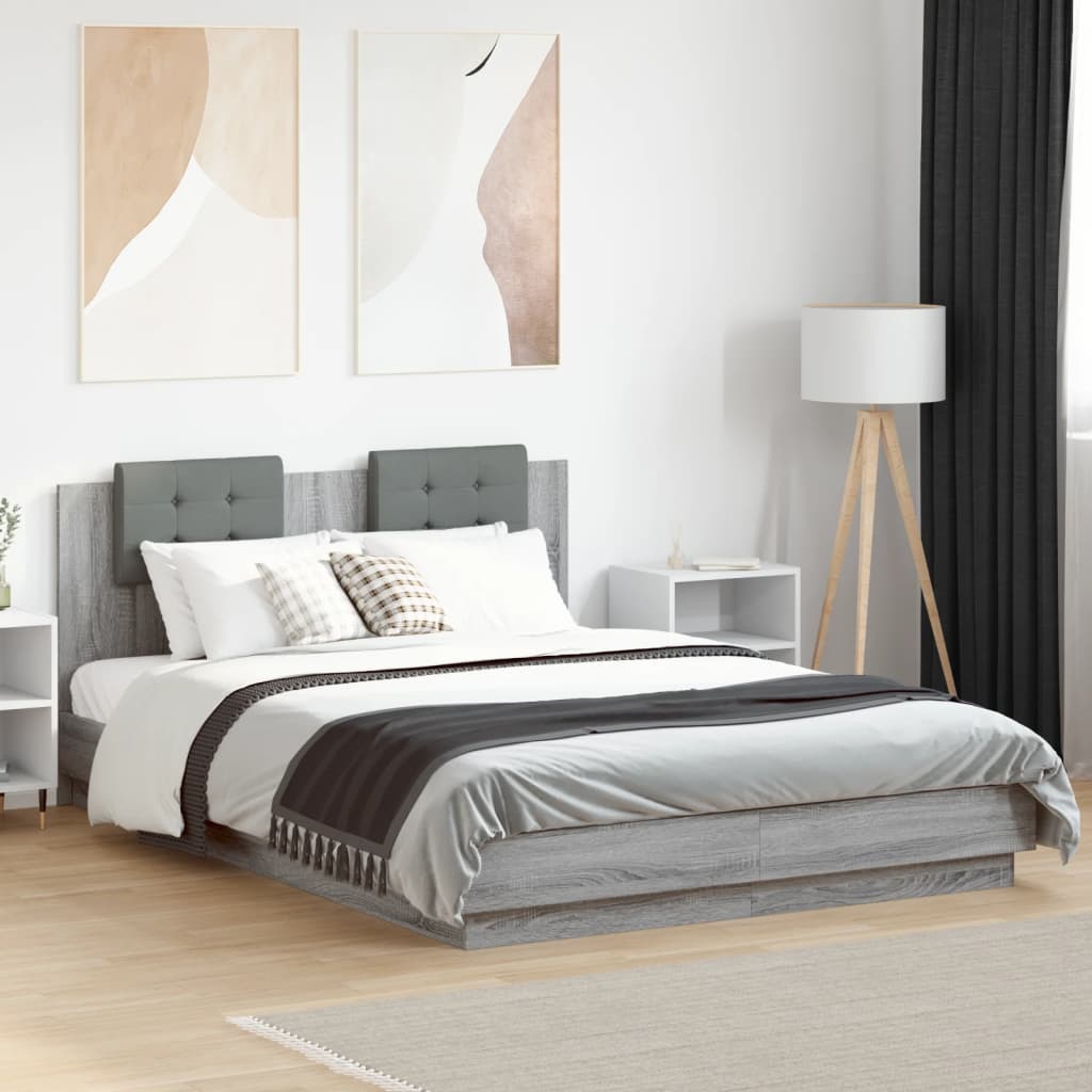Bedframe met hoofdeinde grijs sonoma eiken 150x200 cm is nu te koop bij PeponiXL, paradijselijk wonen!