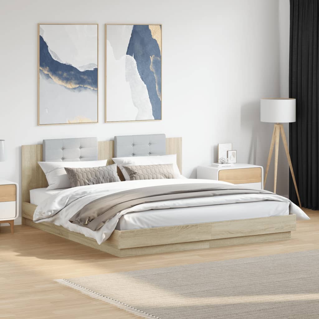 Bedframe met hoofdbord en LED sonoma eikenkleurig 200x200 cm is nu te koop bij PeponiXL, paradijselijk wonen!