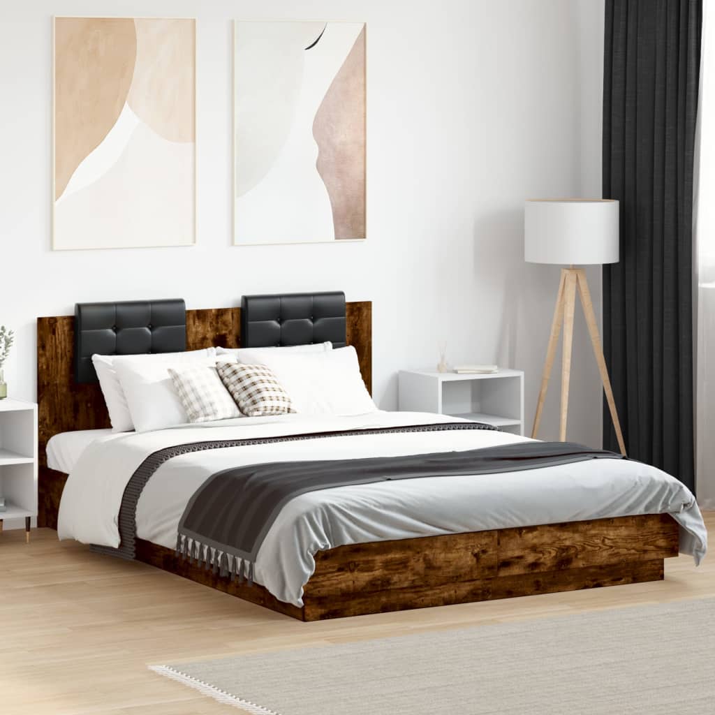 Bedframe met hoofdbord en LED gerookt eikenkleur 140x200 cm is nu te koop bij PeponiXL, paradijselijk wonen!