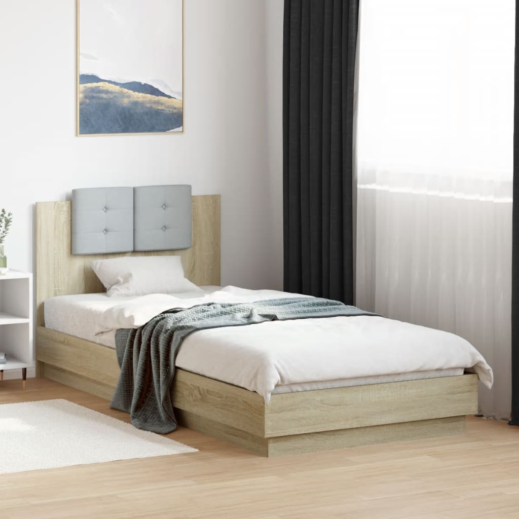Bedframe met hoofdbord en LED sonoma eikenkleurig 100x200 cm is nu te koop bij PeponiXL, paradijselijk wonen!