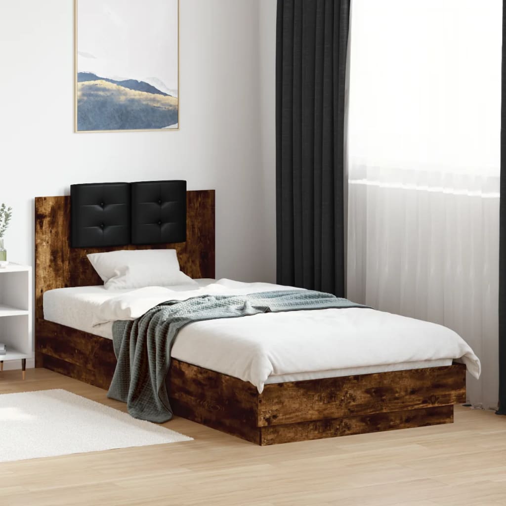 Bedframe met hoofdbord en LED gerookt eikenkleur 100x200 cm is nu te koop bij PeponiXL, paradijselijk wonen!
