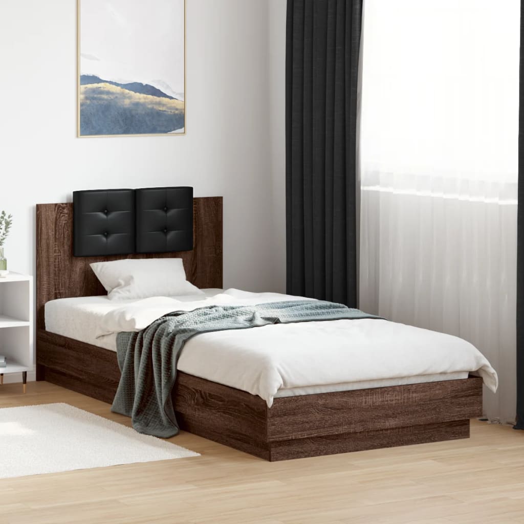 Bedframe met hoofdbord en LED bruin eikenkleur 90x200 cm is nu te koop bij PeponiXL, paradijselijk wonen!