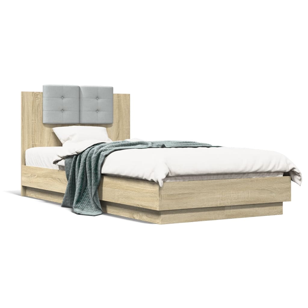 Bedframe met hoofdbord en LED sonoma eikenkleurig 90x190 cm is nu te koop bij PeponiXL, paradijselijk wonen!