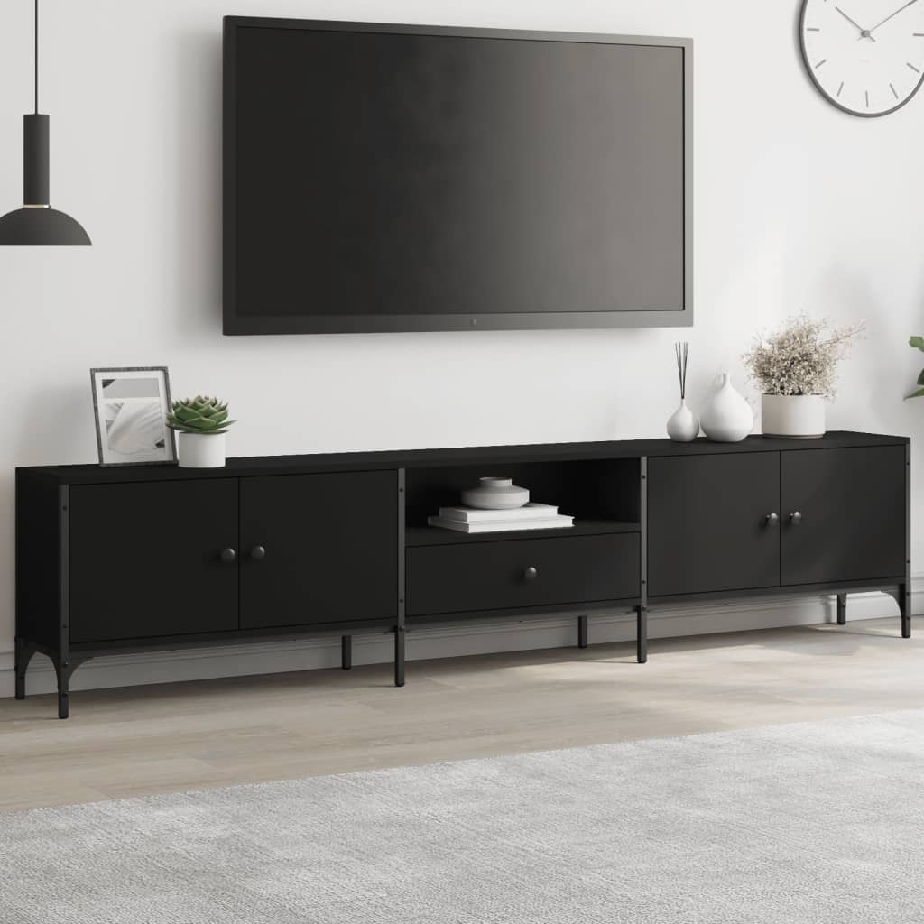 Tv-meubel met lade 200x25x44 cm bewerkt hout zwart is nu te koop bij PeponiXL, paradijselijk wonen!